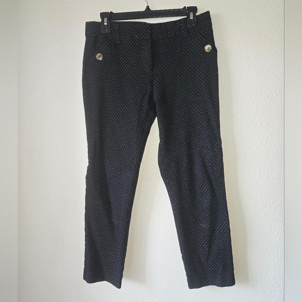 Anne Klein Black Polka Dot Ankle Pants with Gold Buttons, Size 6P (24.5" Inseam)